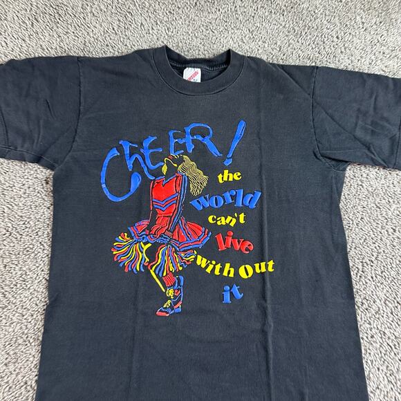 VTG 90s Cheerleading Shirt Womens M Puffy Print The World Can Live Without it - Picture 3 of 11